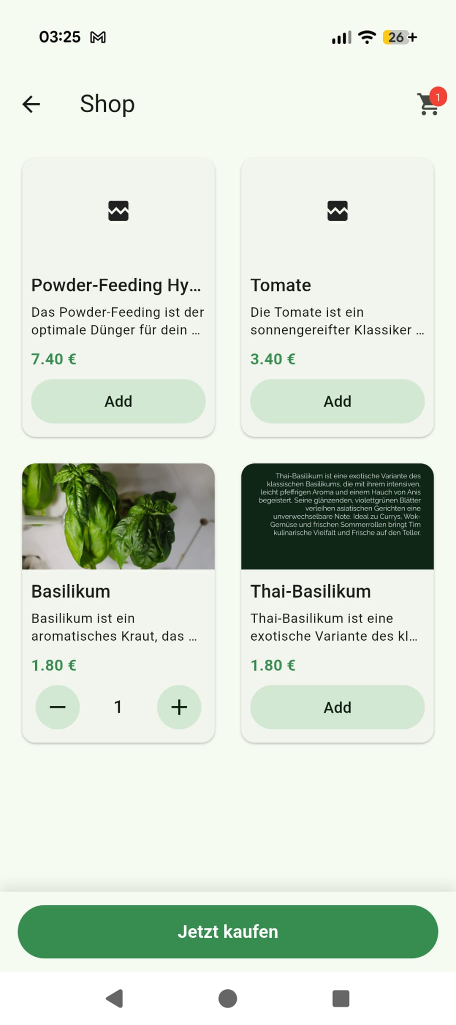 CompactGreens App-Shop im iPhone-Mockup mit Pflanzen, Preisen und Warenkorb