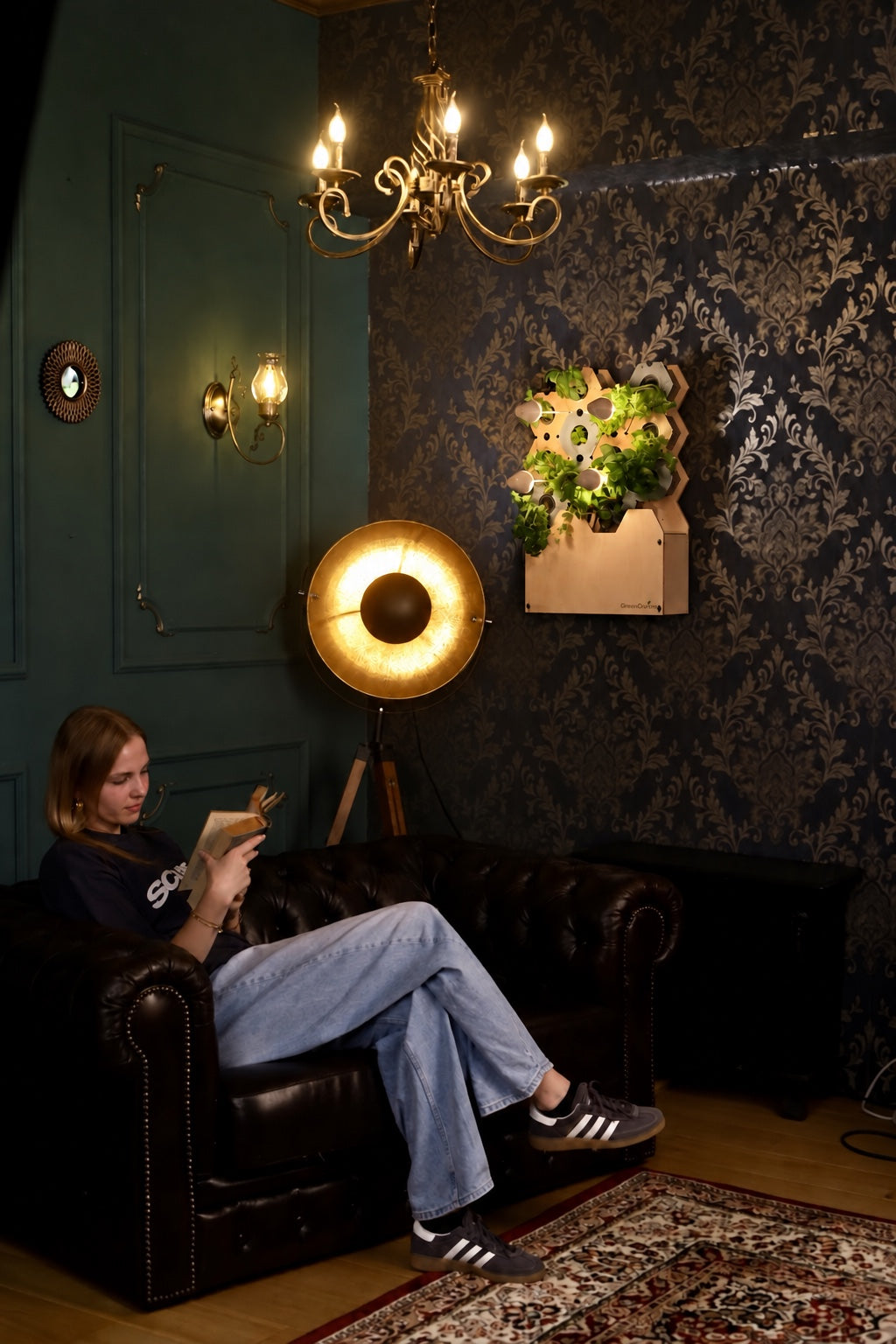 Eine Person entspannt auf dem Sofa neben einer bepflanzten CompactGreens Wall im warm beleuchteten Wohnzimmer