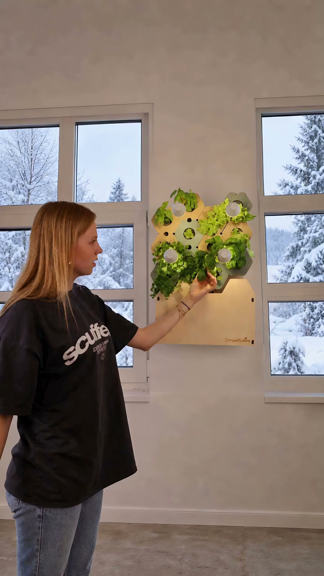 Eine Person erntet frischen Salat an der CompactGreens Wall, während draußen Schnee liegt